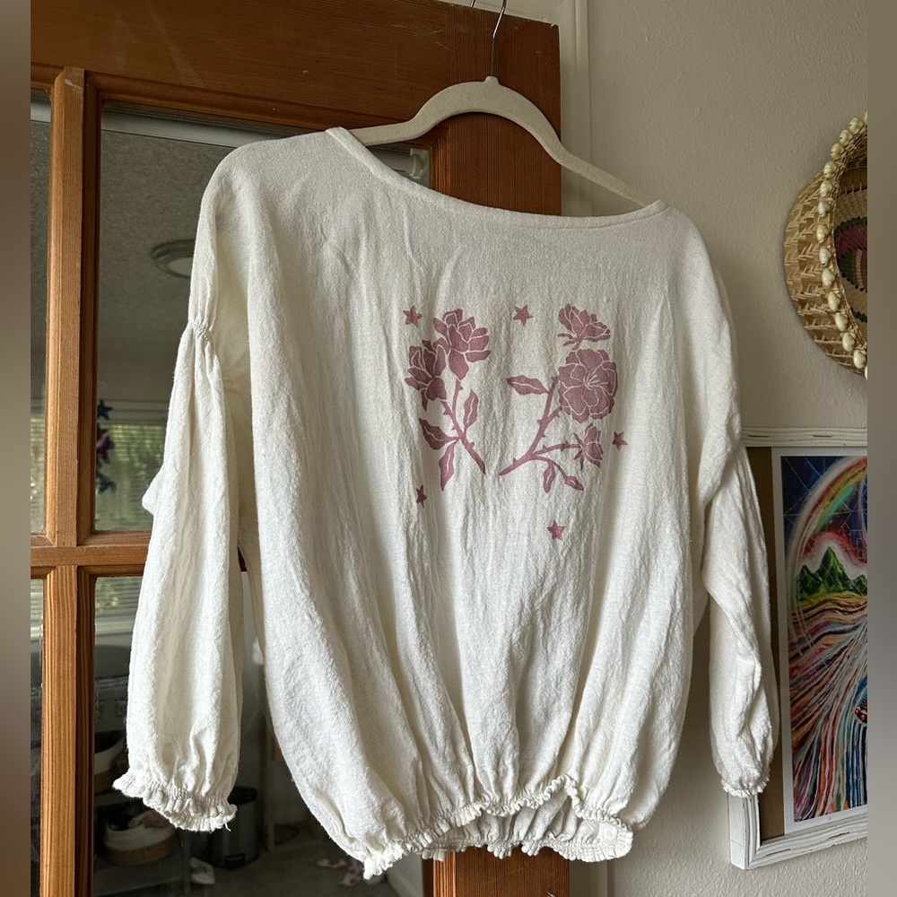 Sister Nettle Medium Hemp White Blouse Medium Block Print Rose
